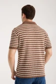 Erkek Polo Yaka Kahverengi Beyaz Çizgili Kısa Kollu Triko Tişört thumbnail 4