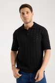 Erkek Polo Yaka Siyah Zigzag Desenli Kısa Kollu Triko Tişört thumbnail 2