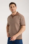 Erkek Polo Yaka Kahverengi Beyaz Çizgili Kısa Kollu Triko Tişört thumbnail 2