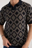 Erkek Polo Yaka Geometrik Desenli Kısa Kollu Triko Tişört - Lacivert Bej thumbnail 1