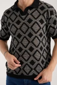 Erkek Polo Yaka Siyah Geometrik Desenli Kısa Kollu Triko Tişört - 1