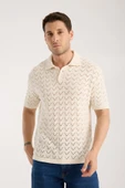 Erkek Polo Yaka Krem Zigzag Desenli Kısa Kollu Triko Tişört - 4