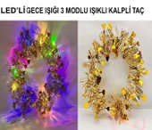 Kalp Püsküllü 3 Modlu LED Işıklı Taç Altın Renk - 1