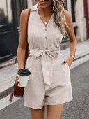 Kadın Sıfır Kollu Yakalı Düğmeli Belden Kuşaklı Kısa Keten Tulum - 1