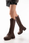 FZ-2450 Kahverengi Yüksek Tabanlı Bağcıklı Fermuarlı Günlük Kadın Çizme - 1