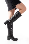 5109-3015 Siyah Topuklu Fermuarlı Toka Aksesuarlı Günlük Kadın Çizme - 1