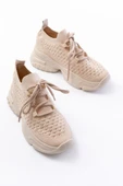 Sp-2024 Bej Günlük Bağcıklı Fileli Taş Aksesuarlı Kadın Spor Ayakkabı - 3