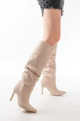 Syt-2003 Bej Süet Körüklü Ince Topuklu Günlük Çizme - 4