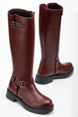 02-312 Bordo Toka Aksesuarlı Fermuarlı Günlük Kadın Çizme - 1