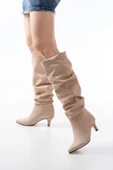 Sr-2001 Bej Süet Ince Topuklu Günlük Çizme - 1