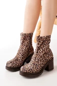 767-3012 Kahve Leopar Fermuarlı Kalın Topuklu Günlük Kadın Bot - 1