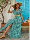 Kadın Kısa Kollu V Yaka Etnik Desenli Yırtmaç Detay Süprem Elbise (kemersiz) thumbnail 5