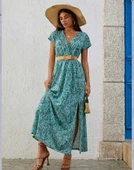 Kadın Kısa Kollu V Yaka Etnik Desenli Yırtmaç Detay Süprem Elbise (kemersiz) thumbnail 6