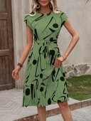 Kadın Kısa Yarasa Kollu Yuvarlak Yaka Beli Büzgülü Süprem Elbise thumbnail 3