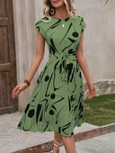 Kadın Kısa Yarasa Kollu Yuvarlak Yaka Beli Büzgülü Süprem Elbise thumbnail 2