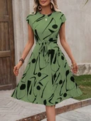 Kadın Kısa Yarasa Kollu Yuvarlak Yaka Beli Büzgülü Süprem Elbise thumbnail 4