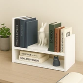 2 Katlı Masaüstü Kitaplık Modern Dekoratif Raf Ünitesi Masaüstü Düzenleyici Beyaz thumbnail 2