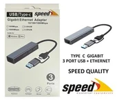 Speed UET01 10-100-1000 USB - Type c 3 Port USB 3.0 Çoklayıcı Gigabit Ethernet Çevirici thumbnail 2