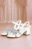 Beyaz Örgü Taşlı Kız Çocuk Abiye Kalın Topuklu Ayakkabı thumbnail 1