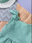 Kareli Desenli Ekose Fırfırlı Omuzdan Bağlamalı Yazlık Elbise Yeşil thumbnail 3