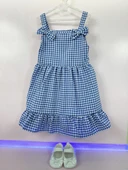 Kareli Desenli Ekose Fırfırlı Omuzdan Bağlamalı Yazlık Elbise Mavi thumbnail 2