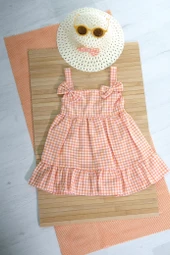 Kareli Desenli Ekose Fırfırlı Omuzdan Bağlamalı Yazlık Elbise Yavru Ağzı thumbnail 2