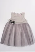 Çiçek Detaylı Tüllü Kız Çocuk Abiye Elbise Bej thumbnail 3