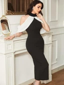 Kadın Daire Yakalı Omuzlardan Kollara Yayılan Kanat Detaylı çift Renkli Uzun Ithal Krep Elbise thumbnail 4