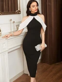 Kadın Daire Yakalı Omuzlardan Kollara Yayılan Kanat Detaylı çift Renkli Uzun Ithal Krep Elbise thumbnail 1