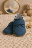 Hakiki Deri Lacivert Süet Cırtlı Bebek Patik Ayakkabı - 1