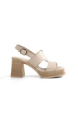 Nadiya Krem Taş Rengi Hakiki Deri Yüksek Kalın Platform Topuklu Kadın Ayakkabı - 5
