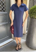 Osy Modal Yumuşak Dokulu Kumaş Yakalı Kısa Kollu Elbise - Mavi thumbnail 2