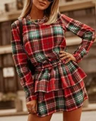 Kadın Ekose Kumaş Dijital Baskılı Uzun Kollu Mini Boy Elbise thumbnail 1