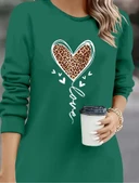 Kadın Uzun Kollu Bisiklet Yaka Kalp Desenli Kısa Viskon Elbise thumbnail 2