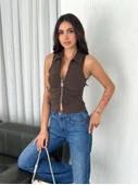 Yakalı Tam Fermuarlı Kolsuz Bluz - Kahverengi thumbnail 3