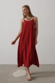 Askılı Uzun Çan Elbise - Bordo thumbnail 4
