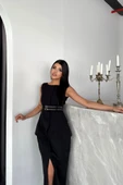 CEKET-ETEK GÖRÜNÜMLÜ ELBİSEÇİFT KEMER DETAYLI - Siyah thumbnail 2