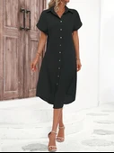 Kadın Kısa Kollu Yakalı Düğme Detay Midi Dokuma Elbise thumbnail 5