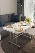Avenza Living Tekerlekli Masa Orta Sehpa BEYAZ MERMER 70x110 Cm Metal Ayak - 2