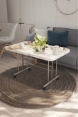 Avenza Living Tekerlekli Masa Orta Sehpa BEYAZ MERMER 70x110 Cm Metal Ayak - 1