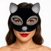 CEYLAN ADAM     Siyah Renk Gümüş Simli Süet Kaplama Kedi Maskesi 18x14 cm thumbnail 4