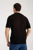 Erkek Polo Yaka Dik Çizgi Dokulu Siyah Kısa Kollu Triko Tişört - 4