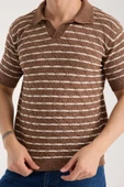 Erkek Polo Yaka Baklava Desenli Dokulu Kahverengi Kısa Kollu Triko Tişört thumbnail 1