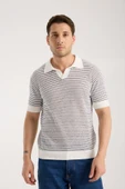 Erkek Polo Yaka Links  Örgü Dokulu Beyaz Kısa Kollu Triko Tişört thumbnail 3