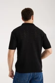 Erkek Polo Yaka Geometrik Desen Dokulu Siyah Kısa Kollu Triko Tişört - 3