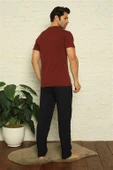 Moda Çizgi Erkek Bordo V Yaka 3'lü Pijama Takım 6822 - 5