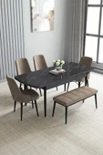 Loft Siyah Mermer 80x132 Açılabilir Mdf Masa Yemek Odası Takımı, Mutfak Takımı 4 Sandalye, 1 Bench Cappucino - 2