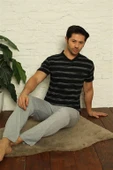 Moda Çizgi Erkek Siyah V Yaka 3'lü Pijama Takım 6822 - 2