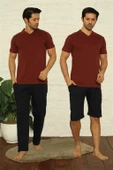 Moda Çizgi Erkek Bordo V Yaka 3'lü Pijama Takım 6822 - 1