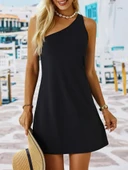 Kadın Tek Omuz Askılı Krep Mini Elbise thumbnail 2